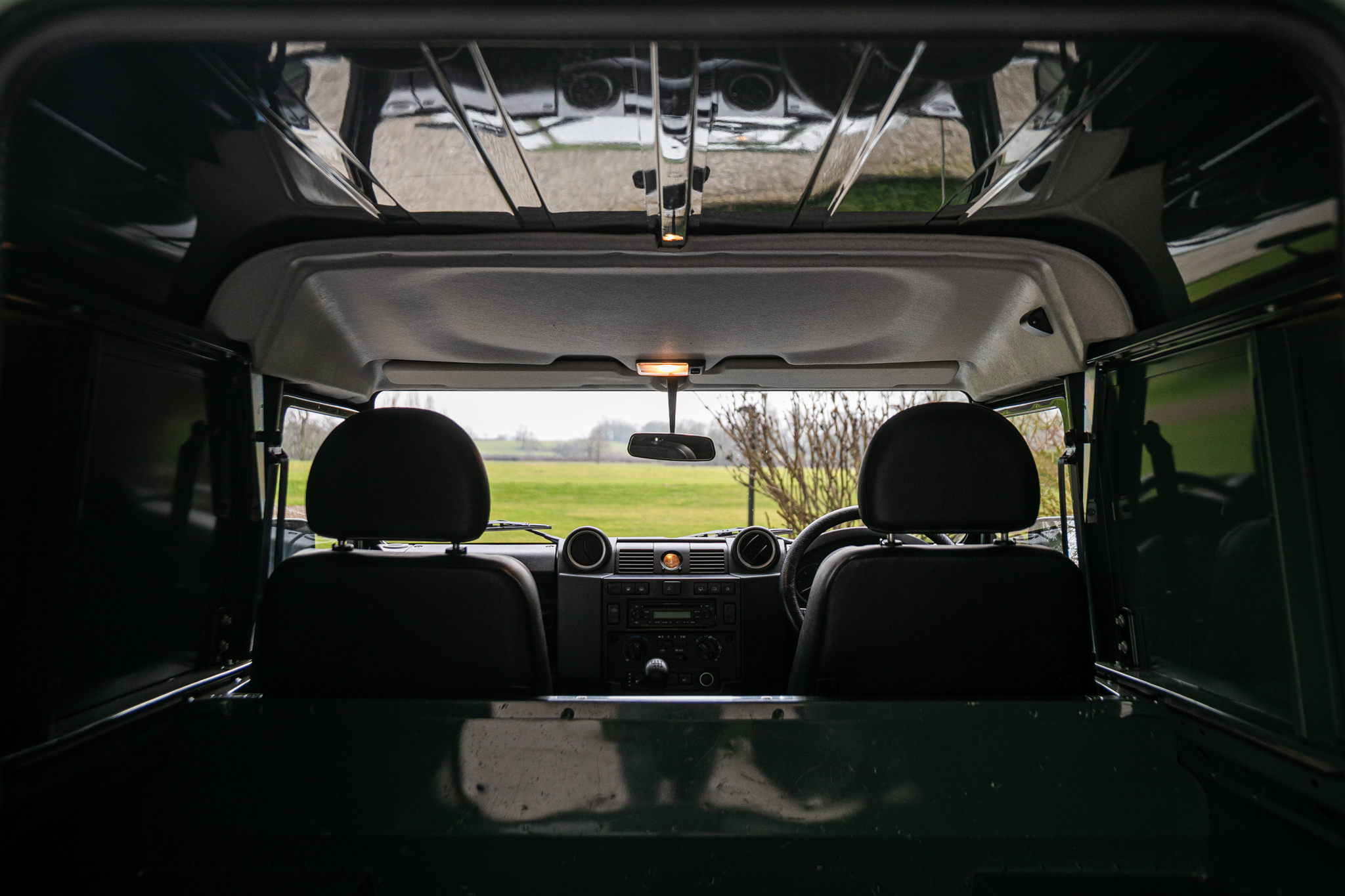 Interior of the land rover, looking through the cab